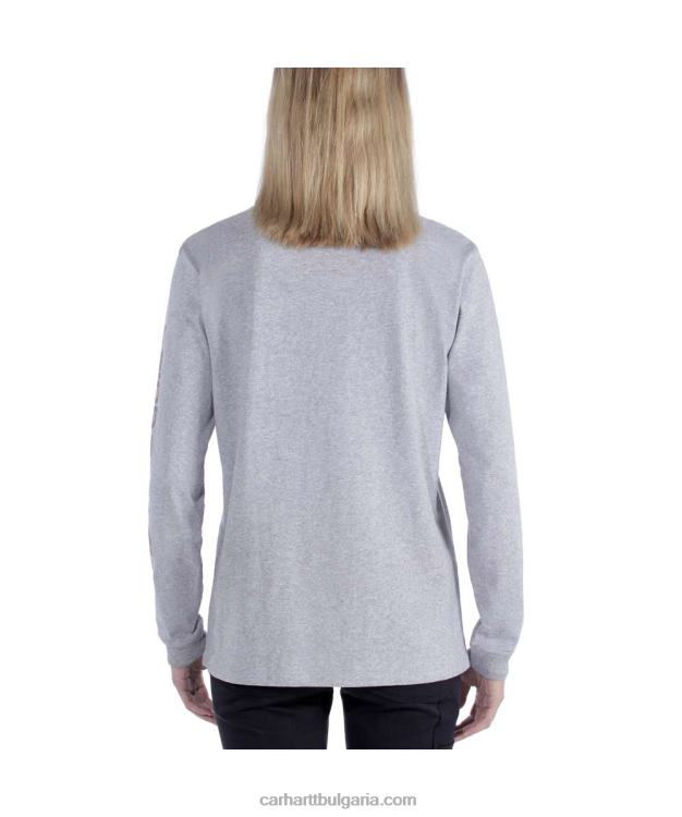 XD68N230 Жени свободна кройка тежка тениска с дълъг ръкав с лого и графичен ръкав пепел роза Carhartt