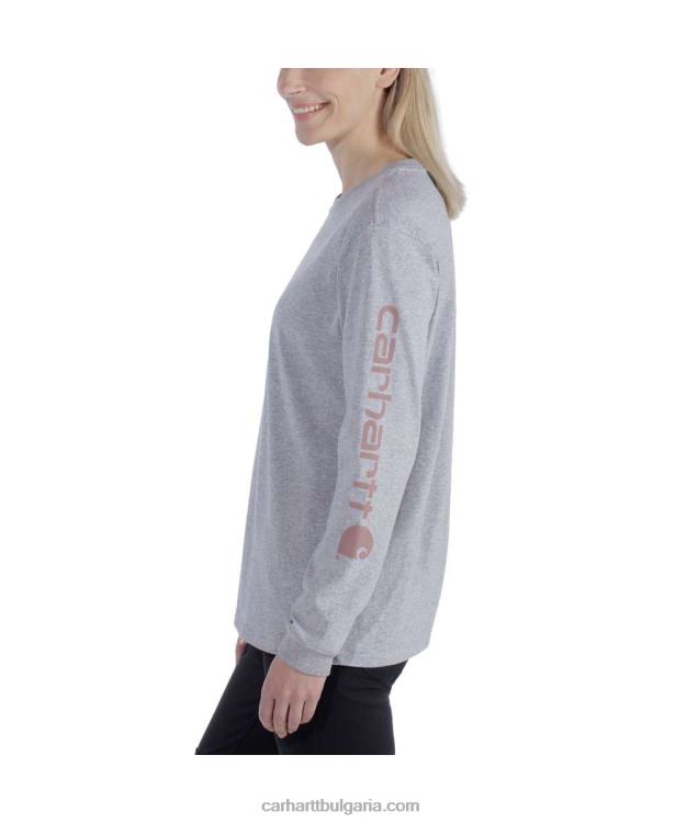 XD68N230 Жени свободна кройка тежка тениска с дълъг ръкав с лого и графичен ръкав пепел роза Carhartt