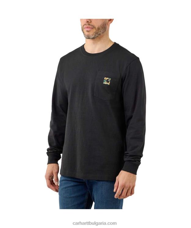 XD68N129 мъже спокойна тежка тениска с дълъг ръкав и джоб с графична форма черен Carhartt