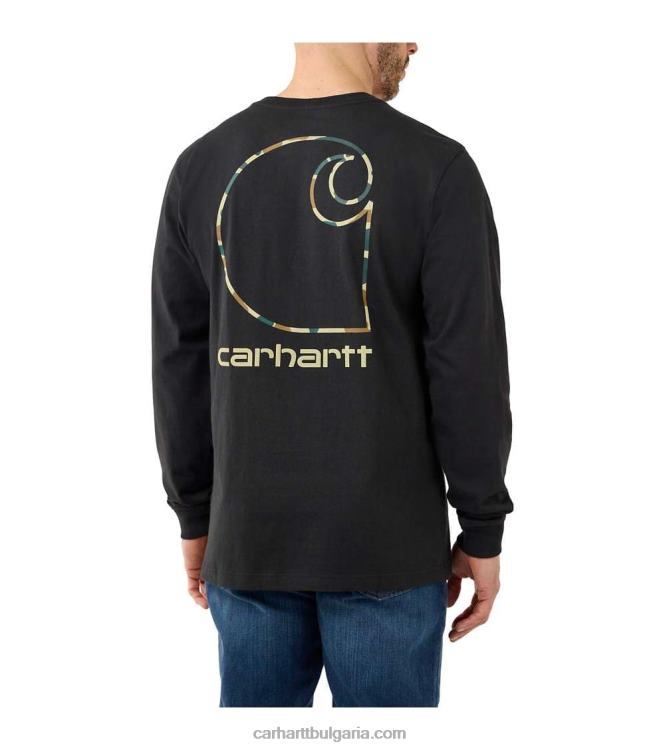 XD68N129 мъже спокойна тежка тениска с дълъг ръкав и джоб с графична форма черен Carhartt